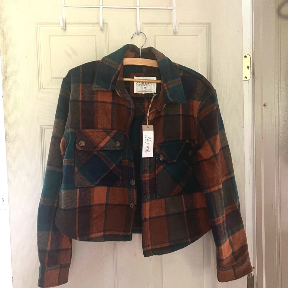 Natural Reflections Plaid Brown & Green Utility Shacket Shirt Jacket
